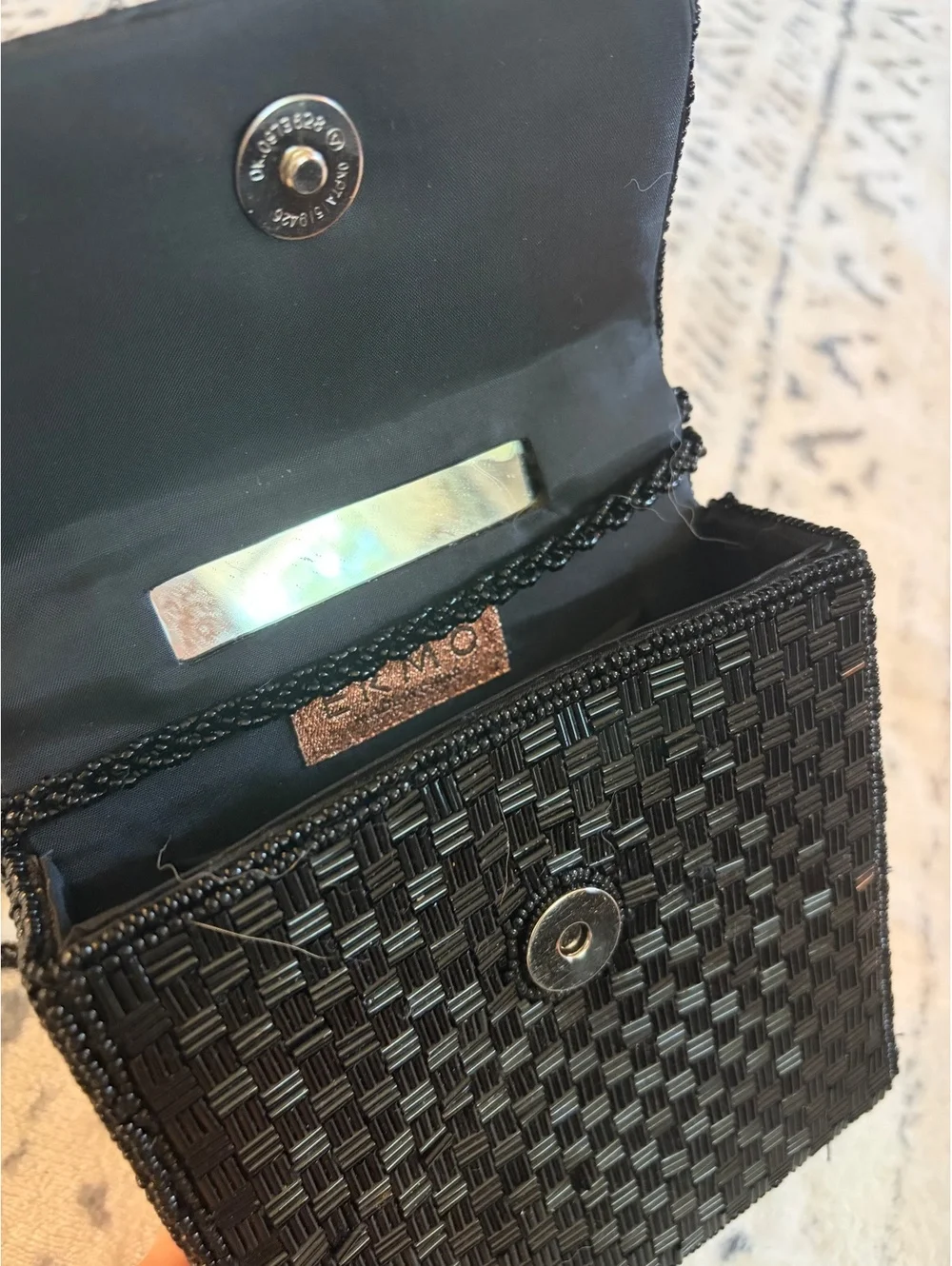 Black Woven Beaded Crossbody Bag with Top Handle